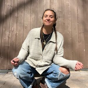 Free People Beach textured knit Light Beige Ribbed Button-Front Cardigan medium